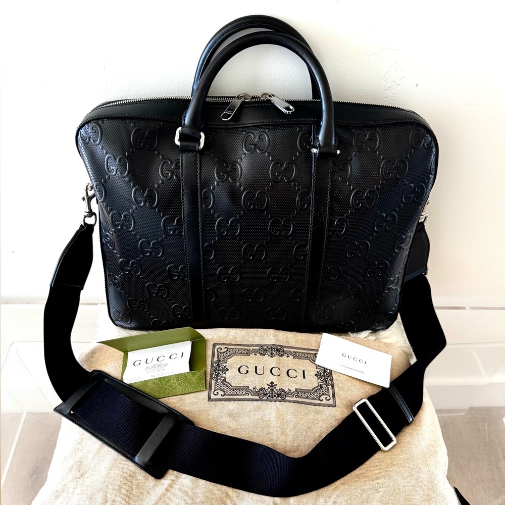 Gucci GG Embossed Leather Briefcase (Large Size)-Excellent Condition